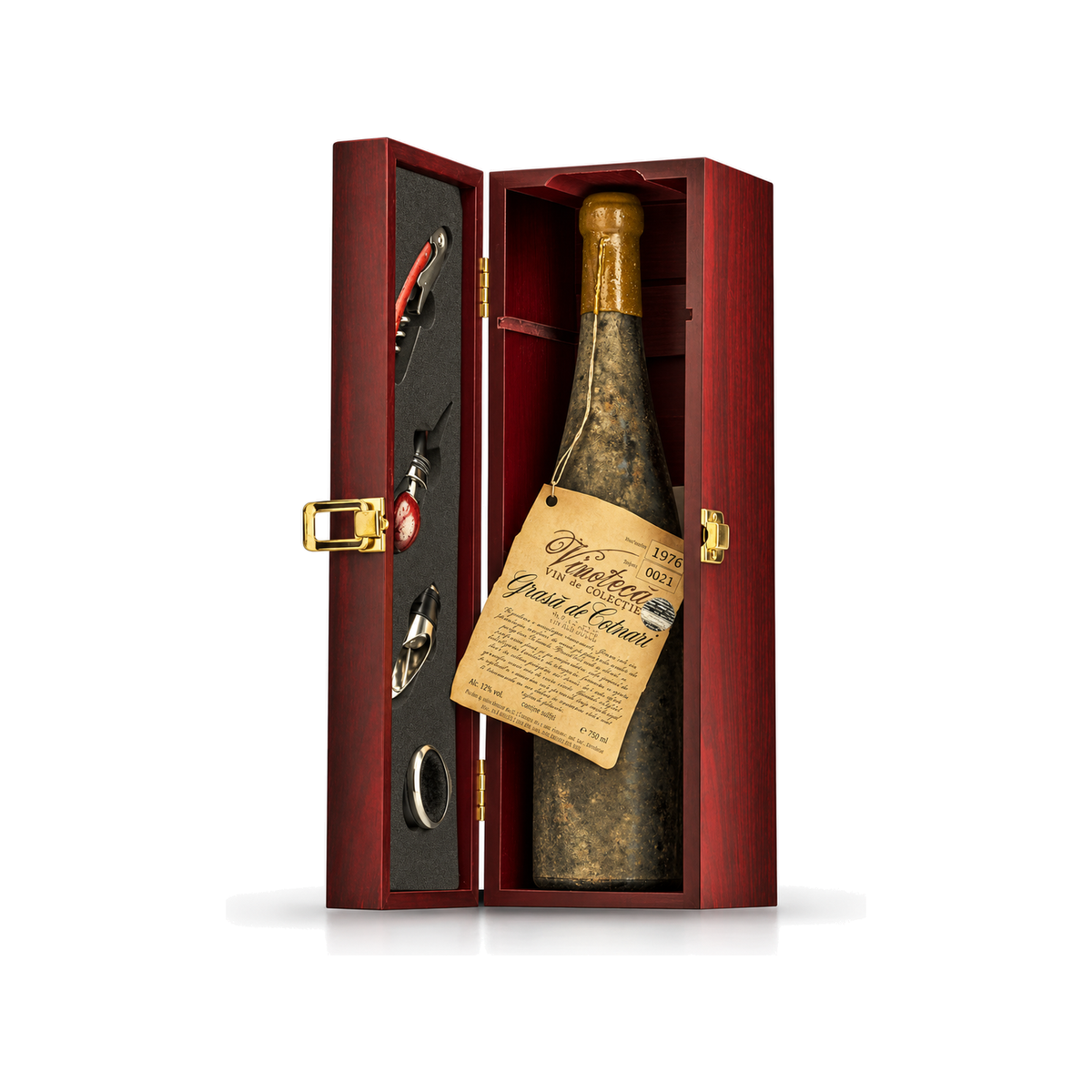 Cotnari Vinoteca Grasă de Cotnari 1976 Set Somelier Dulce, vin alb dulce în cutie de lemn, 0,75 L